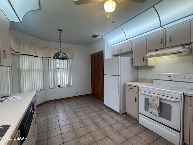 112 Underbrush Trl, Port Orange, FL 32128 - kitchen featuring white appliances, under cabinet range hood, light countertops, a ceiling fan, and pendant lighting