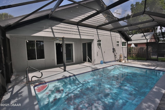 3455 Saddleback Ct, Port Orange, FL 32129 - view of pool with a patio area, a ceiling fan, and glass enclosure