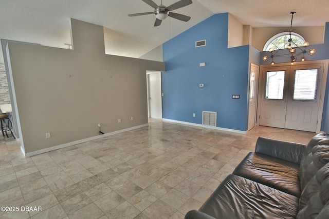 3455 Saddleback Ct, Port Orange, FL 32129 - living area featuring a ceiling fan, a chandelier, high vaulted ceiling, and baseboards