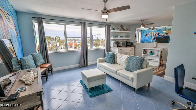 219 S Atlantic Ave Unit 440, Daytona Beach, FL 32118 - sitting room featuring a ceiling fan, tile patterned flooring, a textured ceiling, and baseboards