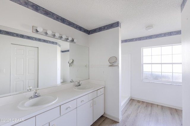 bathroom featuring a sink, a textured ceiling, wood finished floors, and double vanity