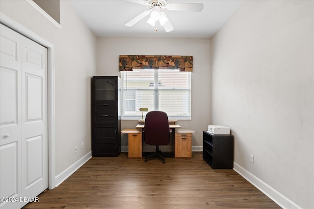 home office with dark hardwood / wood-style floors and ceiling fan