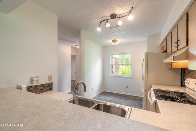 kitchen with sink, a textured ceiling, and white range with electric stovetop