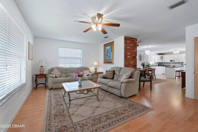 3167 S Peninsula Dr, Daytona Beach, FL 32118 - living room featuring visible vents, light wood-style floors, and ceiling fan