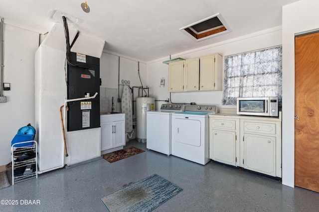 3167 S Peninsula Dr, Daytona Beach, FL 32118 - washroom featuring heating unit, cabinet space, water heater, and washing machine and clothes dryer