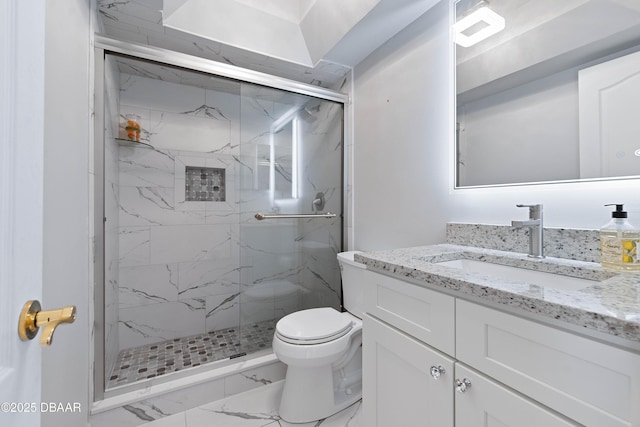 3167 S Peninsula Dr, Daytona Beach, FL 32118 - bathroom featuring a marble finish shower, toilet, marble finish floor, and vanity