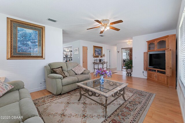 3167 S Peninsula Dr, Daytona Beach, FL 32118 - living room with light wood-style floors, a ceiling fan, visible vents, and baseboards