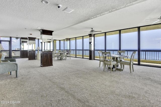 unfurnished sunroom featuring ceiling fan and a water view