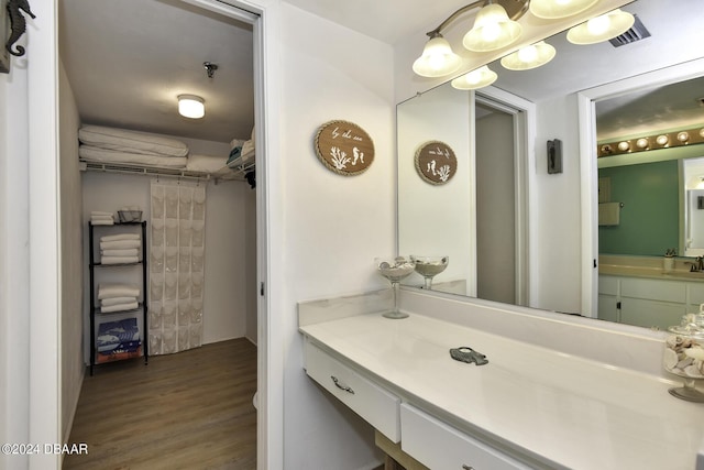 bathroom with hardwood / wood-style flooring and vanity