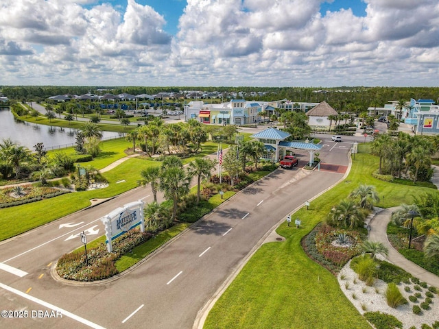 bird's eye view with a water view