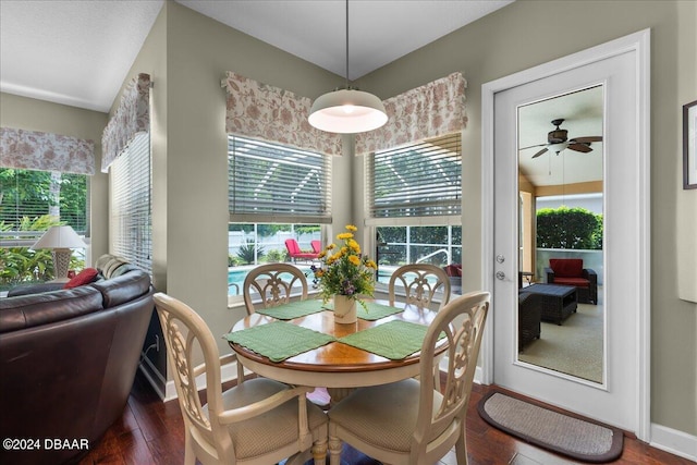 dining area featuring ceiling fan and dark hardwood / wood-style floors