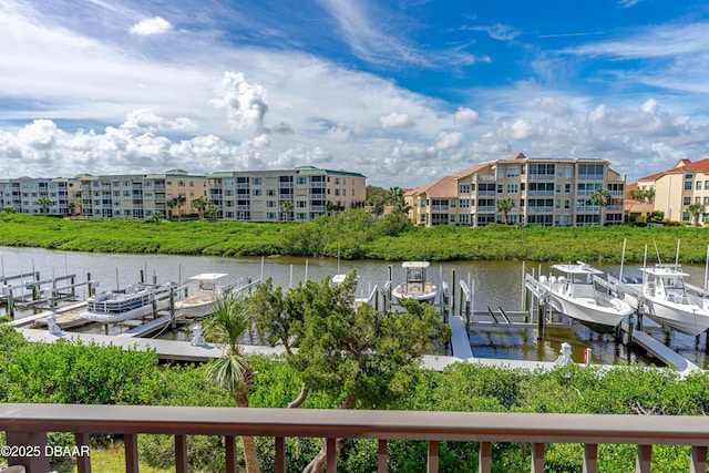 water view featuring a boat dock and boat lift