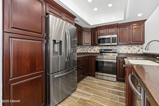 kitchen featuring a tray ceiling, wood finish floors, tasteful backsplash, appliances with stainless steel finishes, and a sink