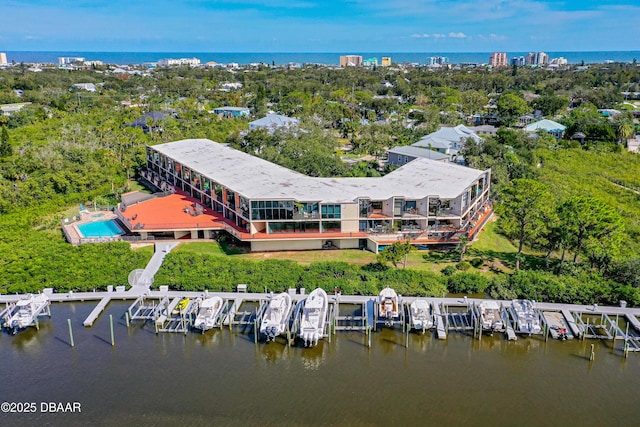 bird's eye view with a water view