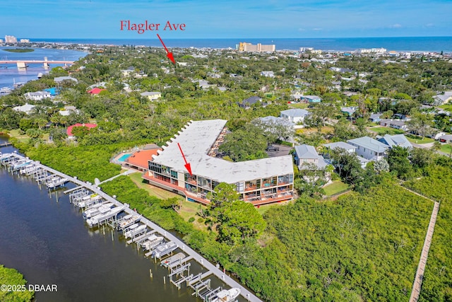 aerial view featuring a water view