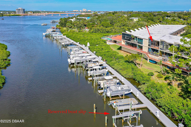 drone / aerial view with a water view