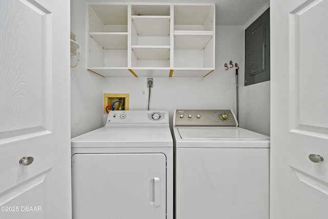 laundry room with laundry area, electric panel, and washing machine and clothes dryer