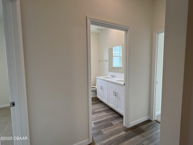 hall featuring dark hardwood / wood-style flooring and sink