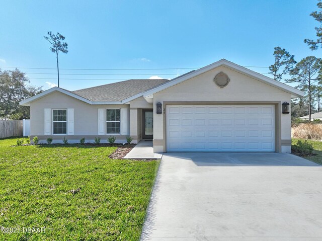 ranch-style home featuring a front lawn and a garage