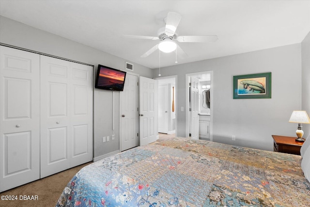 carpeted bedroom with ceiling fan, connected bathroom, and a closet