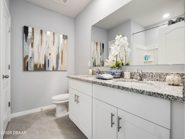 bathroom featuring tile patterned flooring, vanity, and toilet