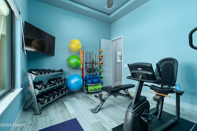 exercise room with hardwood / wood-style flooring