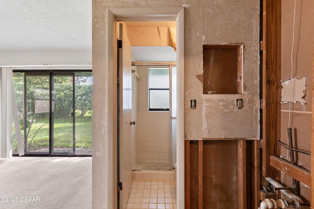 interior space with carpet floors and a textured ceiling