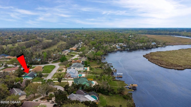 aerial view featuring a water view and a view of trees