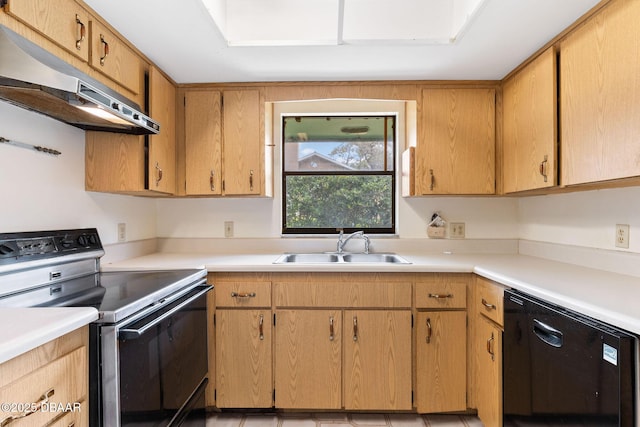 kitchen with black dishwasher, light countertops, a sink, range with electric cooktop, and under cabinet range hood