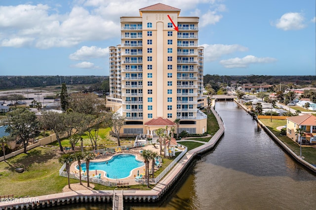 exterior space with a water view