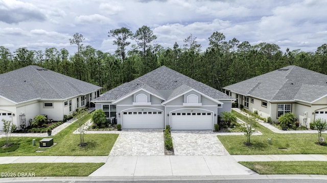 single story home with a garage, stucco siding, decorative driveway, and a front yard