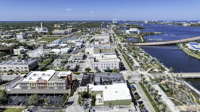 drone / aerial view with a water view and a view of city