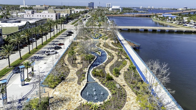 aerial view featuring a water view and a view of city