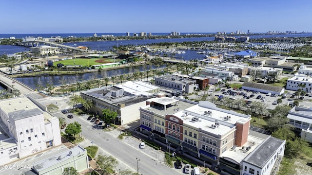 bird's eye view with a city view and a water view