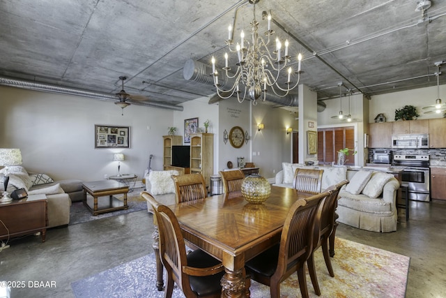 dining area with ceiling fan with notable chandelier and finished concrete flooring