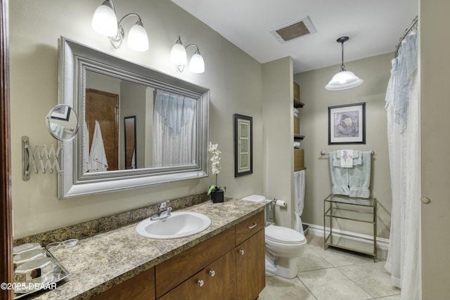 full bathroom with tile patterned flooring, visible vents, baseboards, toilet, and vanity