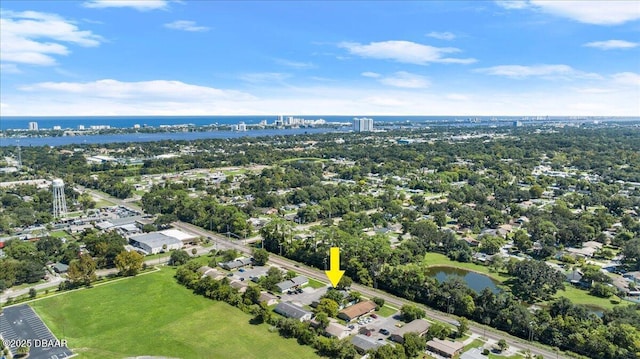 birds eye view of property featuring a water view