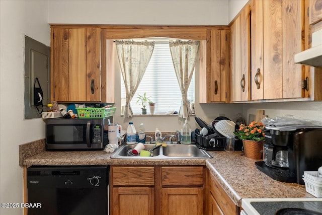 kitchen with a sink, brown cabinets, and dishwasher