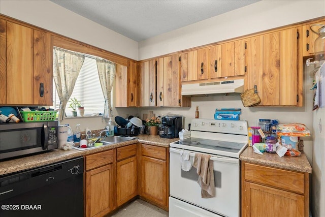 kitchen featuring under cabinet range hood, stainless steel microwave, a sink, black dishwasher, and white range with electric cooktop