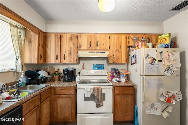 kitchen with under cabinet range hood, white appliances, a sink, visible vents, and brown cabinetry