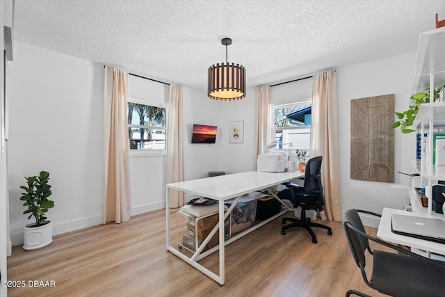 office area with plenty of natural light, light wood-style floors, and a textured ceiling