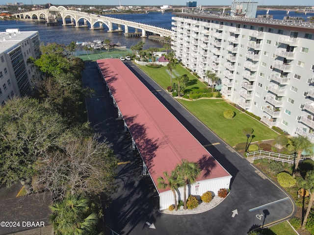 drone / aerial view featuring a water view