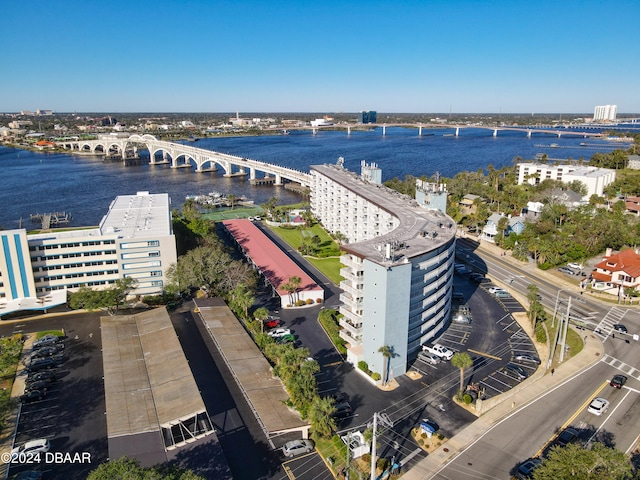 drone / aerial view with a water view