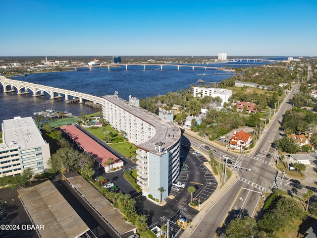 drone / aerial view with a water view