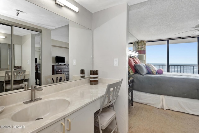 bathroom with vanity, a textured ceiling, and expansive windows