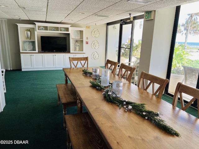 dining space with carpet flooring, a healthy amount of sunlight, and a wall of windows