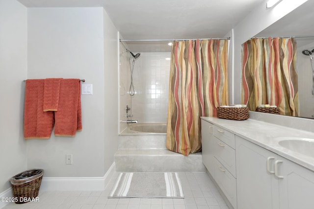 bathroom with vanity and shower / bath combo with shower curtain