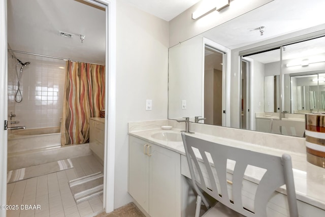 bathroom with tile patterned floors, vanity, and shower / bathtub combination with curtain