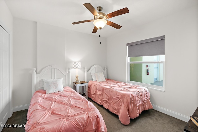 carpeted bedroom with ceiling fan