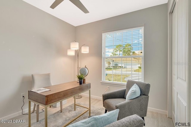 office area with light hardwood / wood-style flooring and ceiling fan